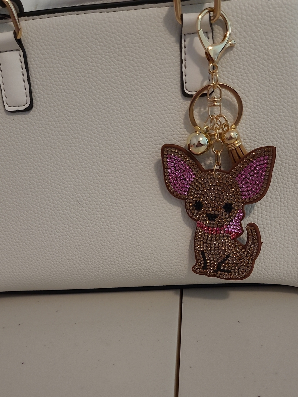 Crystal Chihuahua Dog Keychain Charm - Brown & Pink